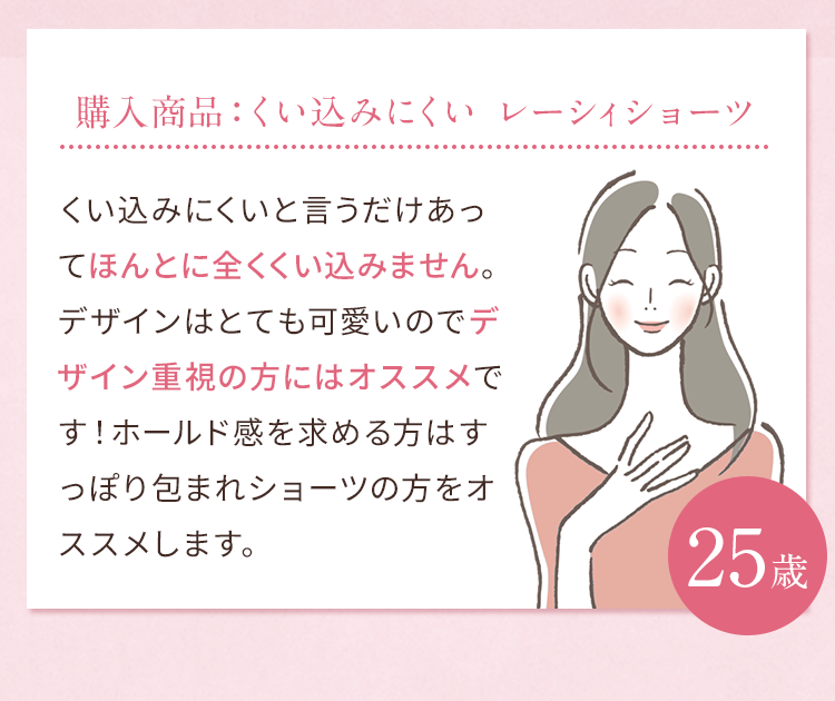 購入商品：くい込みにくい レーシィショーツ くい込みにくいと言うだけあってほんとに全くくい込みません。デザインはとても可愛いのでデザイン重視の方にはオススメです！ホールド感を求める方はすっぽり包まれショーツの方をオススメします。