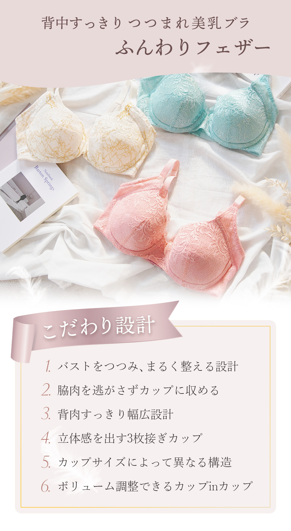 「こだわり設計」1.バストをつつみ、まるく整える設計　2.脇肉を逃がさずカップに収める　3.背肉すっきり幅広設計　4.立体感を出す3枚接ぎカップ　5.カップサイズによって異なる構造　6.ボリューム調整できるカップinカップ